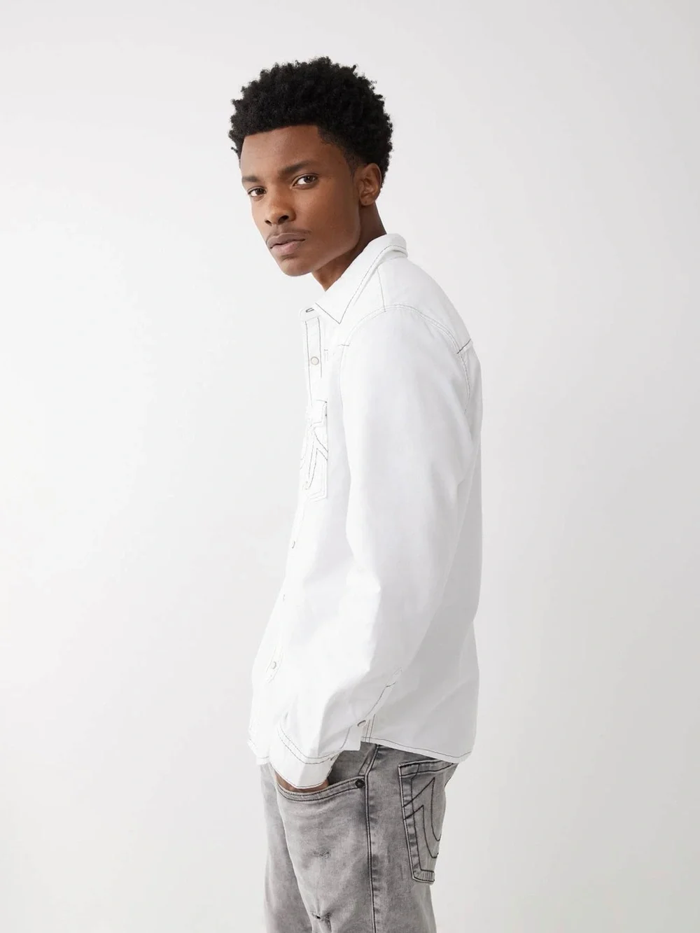 True Religion Big T Western Pearl Snap Shirt White Contrast Stitch 3XL